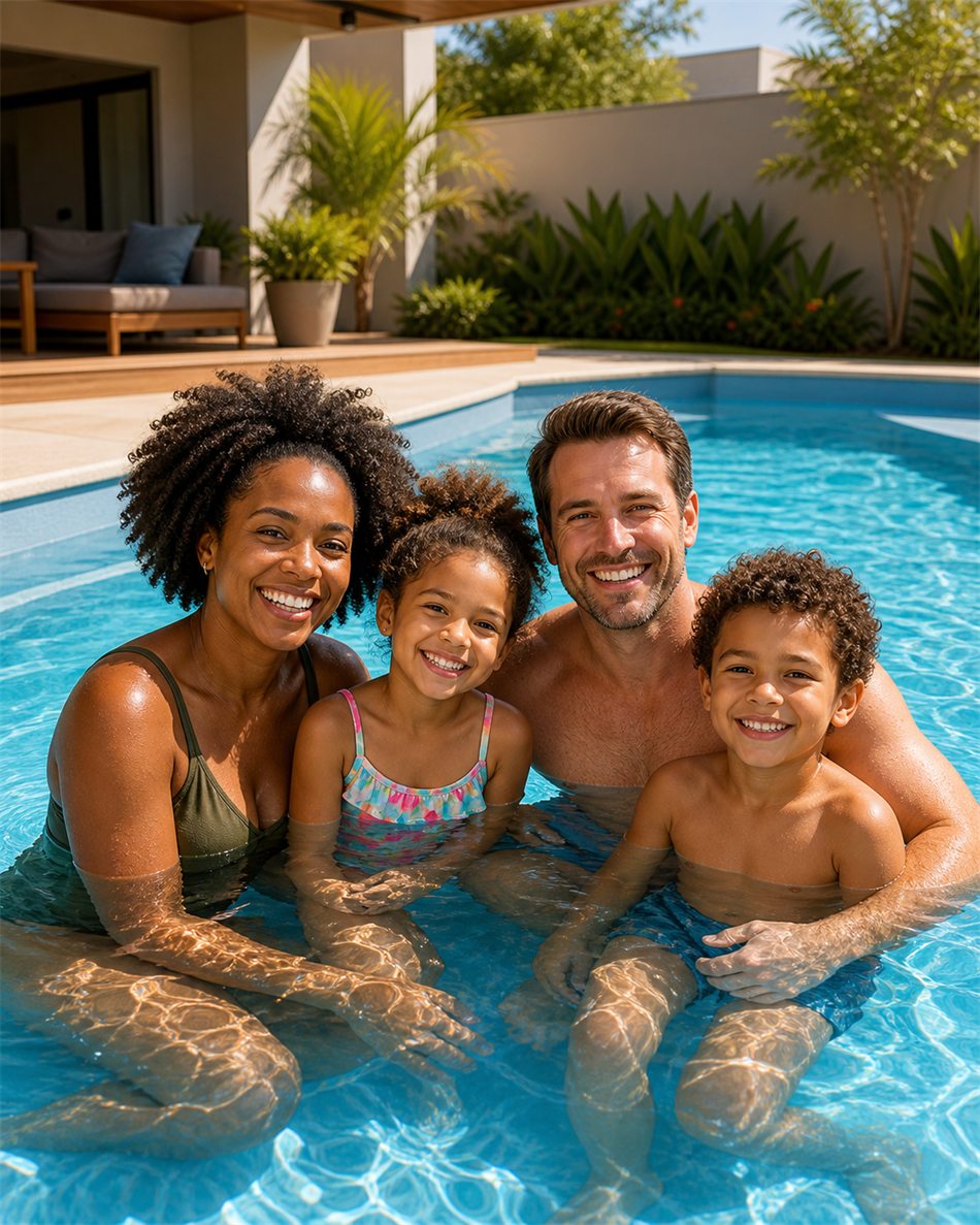 Família na piscina